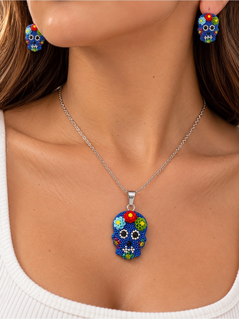 Blue Floral Sugar Skull Pendant and Stud Earrings Set